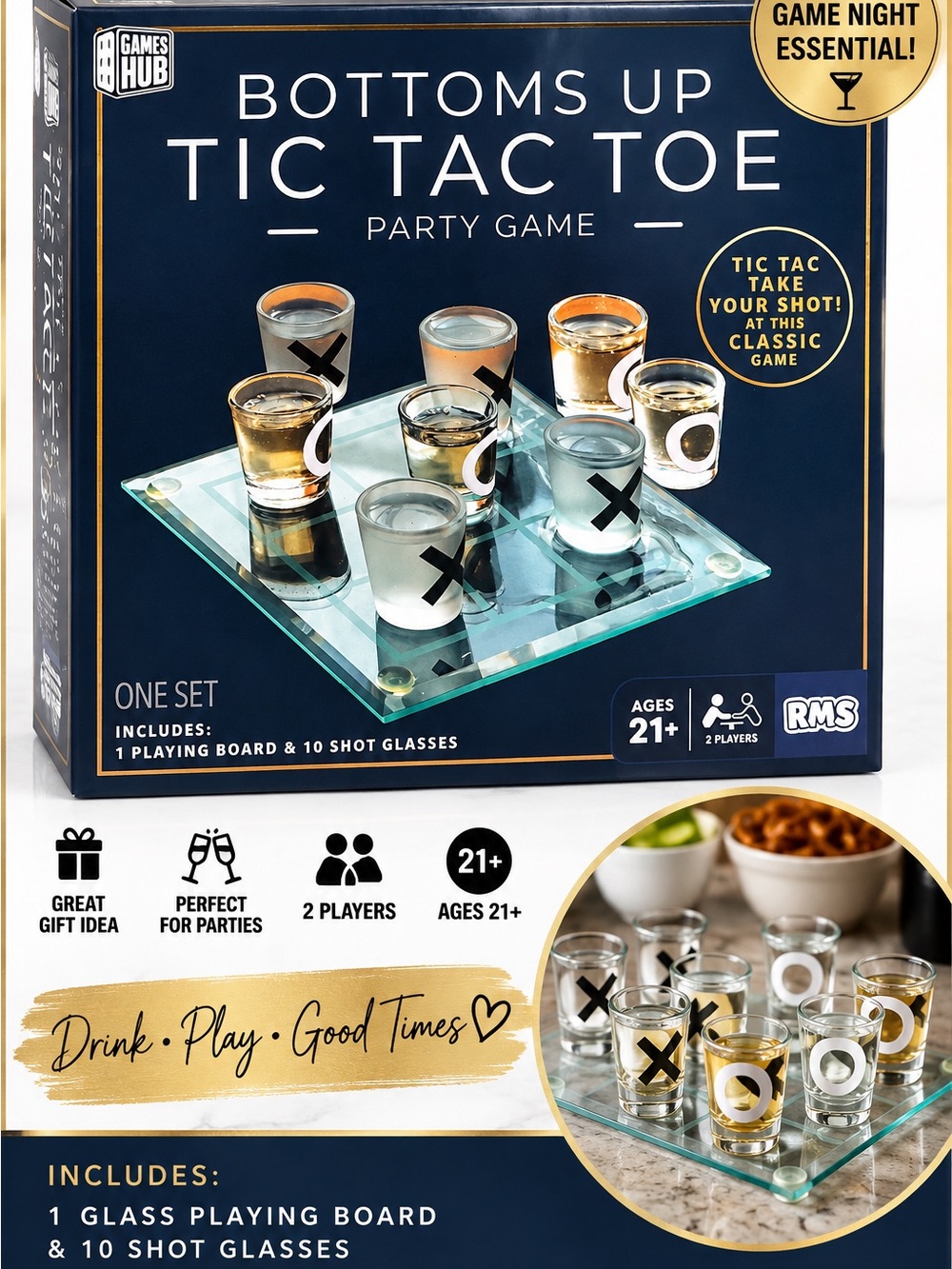 Bottoms Up Tic Tac Toe Shot Glass Party Game 21+ New 10 Glasses